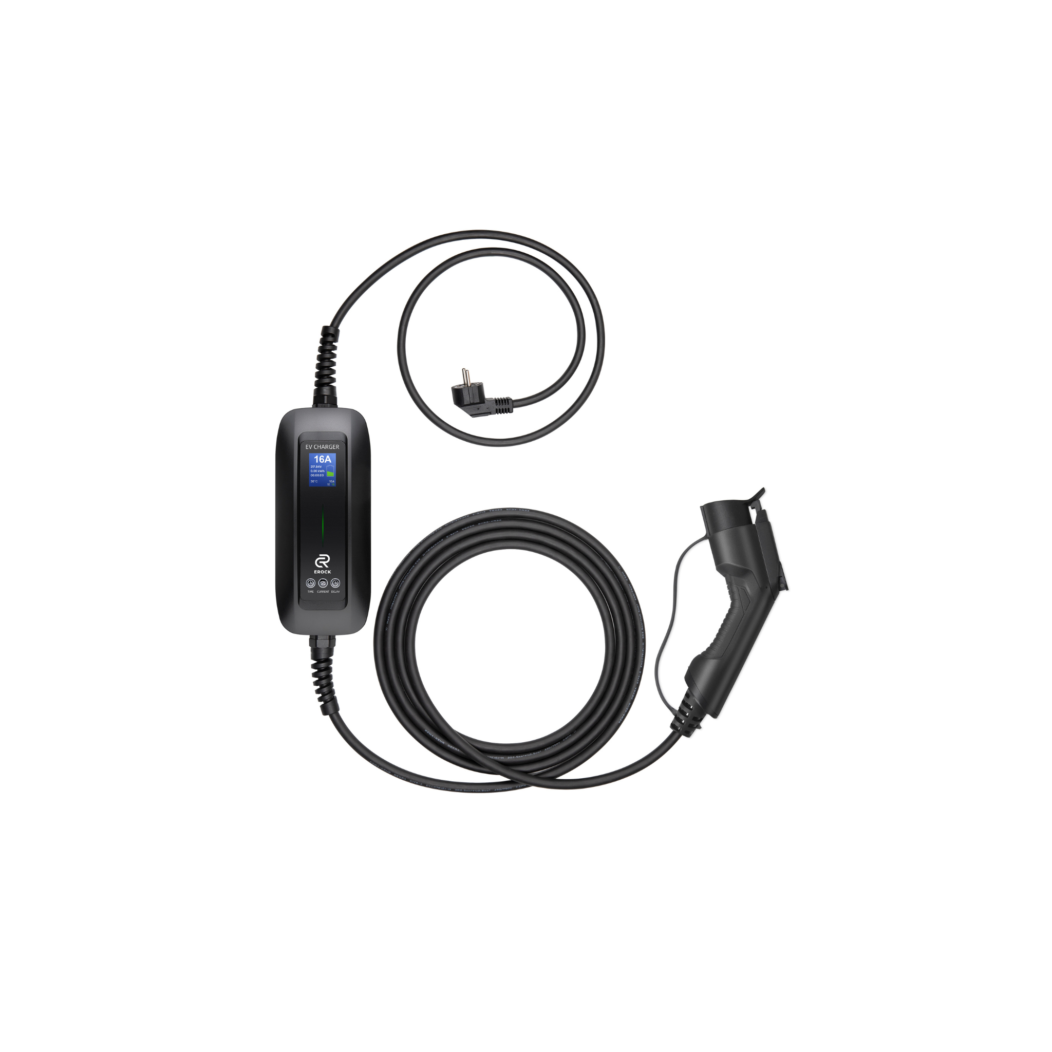 EROCK Pro Mobiele Lader LCD Zwart Type 1 naar Schuko - Uitgesteld laden en Memory functie - EV Plug Europa